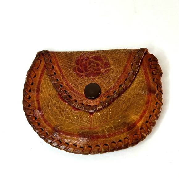Vintage Hand Tooled Leather Coin Purse Snap Closure Floral Design Front And Back - Picture 9 of 9